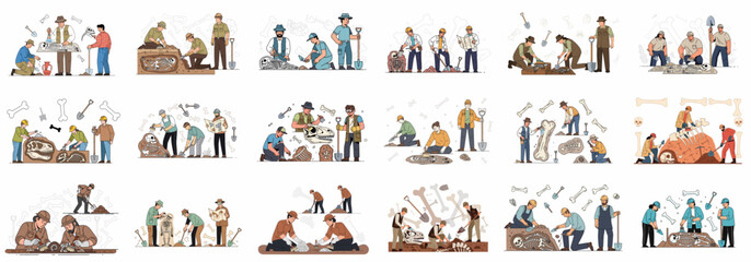 Collection of illustrations showing archaeologists and paleontologists excavating ancient human skeletons, dinosaur fossils, and historical artifacts at dig sites. © Nurdayatt