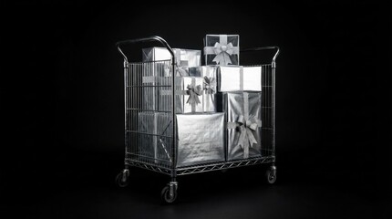 Shopping Cart Full of Wrapped Gifts on a Dark Background.