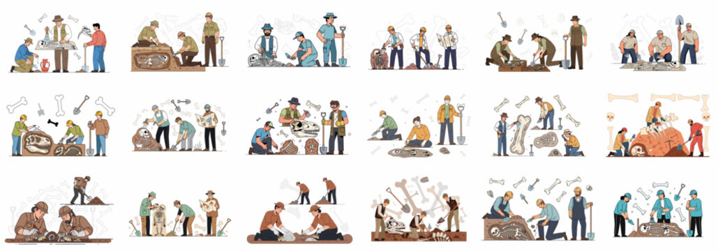 Collection of illustrations showing archaeologists and paleontologists excavating ancient human skeletons, dinosaur fossils, and historical artifacts at dig sites.