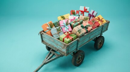 Small wooden cart filled with numerous colorful gift boxes on a vibrant blue background.