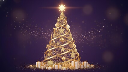 Elegant golden Christmas tree with star and gifts for unforgettable holiday celebrations