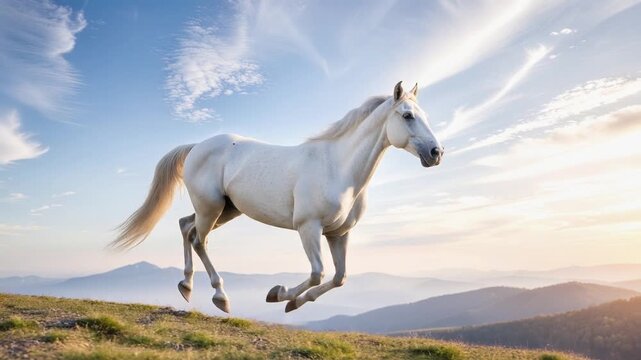 白い馬が草原を走る勇壮な大自然の高画質動画