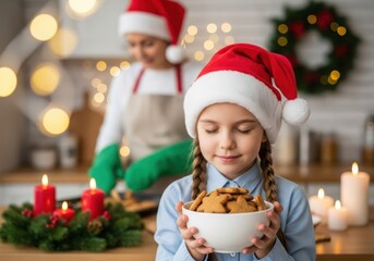 Girl holding bowl of cookies with mother in background wearing santa hat