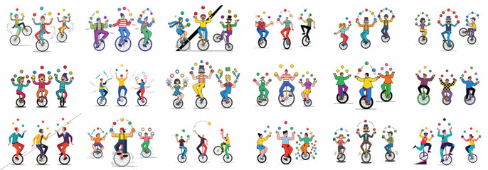 Vector illustration set of diverse cartoon characters juggling objects while balancing on unicycles, representing entertainment, circus, and performance art. © Nurdayatt