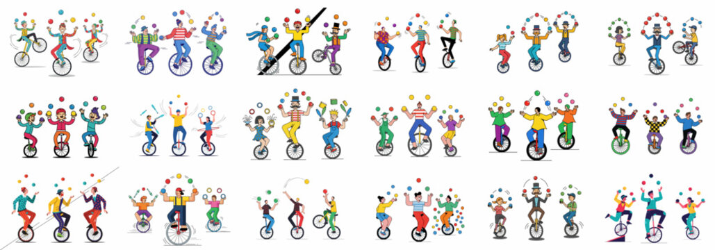 Vector illustration set of diverse cartoon characters juggling objects while balancing on unicycles, representing entertainment, circus, and performance art.