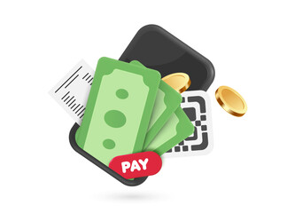 Dollar bills, receipt paper, QR code, gold coins, and red pay button all pop up on your mobile phone for designing financial transactions with your banking app or online transfers, vector 3d isolated
