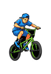 Fototapeta premium Energetic young boy riding a BMX bicycle illustration.