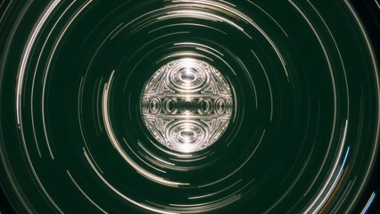 Abstract vortex of light trails, creating a mesmerizing circular pattern with a central mirrored design.