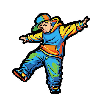 Cool cartoon boy in colorful hip hop clothing dancing.