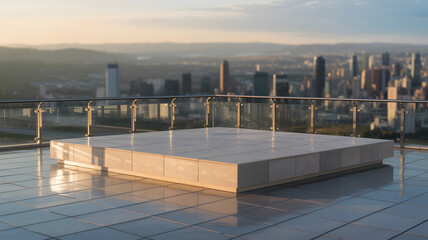 Mockup platform on a rooftop overlooking a city skyline at sunset with a glass railing and tiled floor.