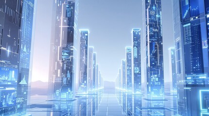 Digital Cityscape in Virtual Reality Environment with Blue Lights