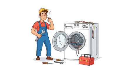 Puzzled repairman troubleshooting a broken washing machine with exposed wires, contemplating the complex appliance issue
