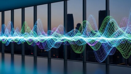 Abstract sound waves visualization in front of a window with city view.