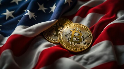American Flag with Two Gold Bitcoin Cryptocurrency Coins
