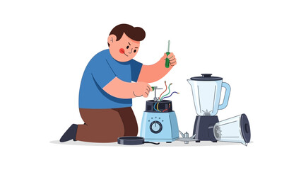 Focused man repairing a kitchen blender with tools and exposed wires, highlighting home appliance maintenance and DIY troubleshooting skills