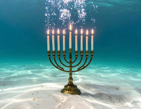 A miraculous underwater menorah glowing on the sandy ocean floor, symbolizing enduring light and