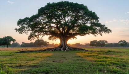 Fototapeta premium A solitary ancient tree with expansive roots stands majestically in a golden hour meadow, silhouetted against the vibrant dawn or dusk sky, symbolizing natural resilience and serene beauty