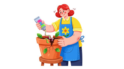 Caring woman in apron tending a potted plant, applying nutrients to foster healthy growth and mending the cracked pot