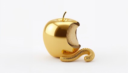 Corrupted golden apple with worm symbolizing wealth and greed