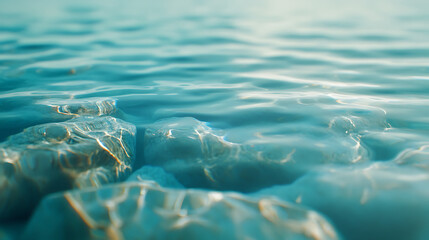 Abstract Close-up of Sunlight Reflecting on Underwater Rocks and Rippling Water Surface