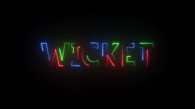 Neon sign spelling out the word WICKET in red green and blue against a black background wicket cricket