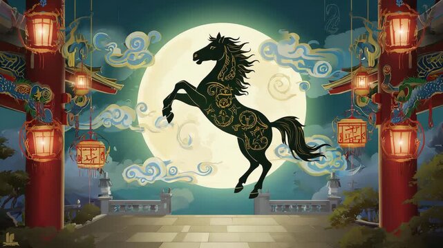 Generative AI. Majestic black horse rearing against a full moon backdrop, surrounded by traditional lanterns and clouds, showcasing a vibrant cultural celebration in an enchanting atmosphere