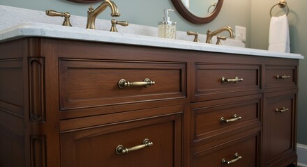 Detailed dark wood bathroom vanity with marble countertop and brass hardware exudes luxury.