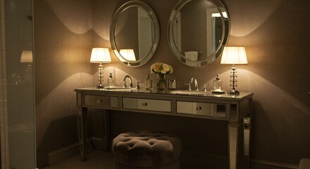 Elegant bathroom vanity with twin mirrors, lamps, and floral arrangement in warm, inviting light.