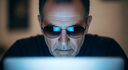 An intense portrait of a man wearing sunglasses, illuminated by a bright computer screen glow.