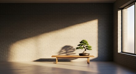 A bonsai tree sits peacefully in a sunlit room, casting soft shadows on the brick wall behind it.