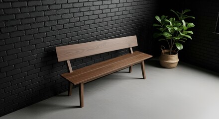 Interior view showcases a simple wooden bench with a potted plant near a dark brick wall.
