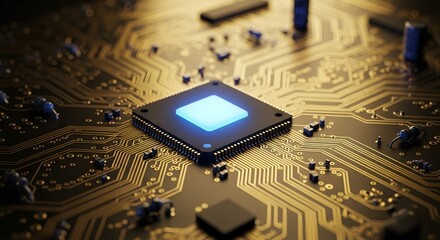 Close-up view of a circuit board with a glowing chip, showcasing technology and complex design.