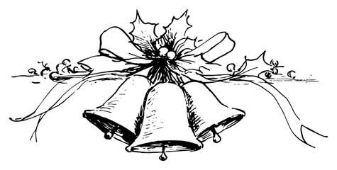 Hand drawn Christmas Bells with Ribbon Bow and Holly Black and White Doodle Vector Illustration