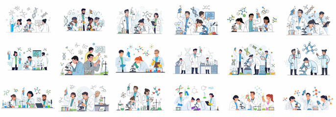 Obraz premium Diverse team of researchers performing chemical and biological experiments, analyzing data and microscopic samples in a modern science laboratory.