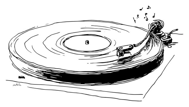 Hand drawn vintage vinyl record player with musical notes vector sketch of turntable