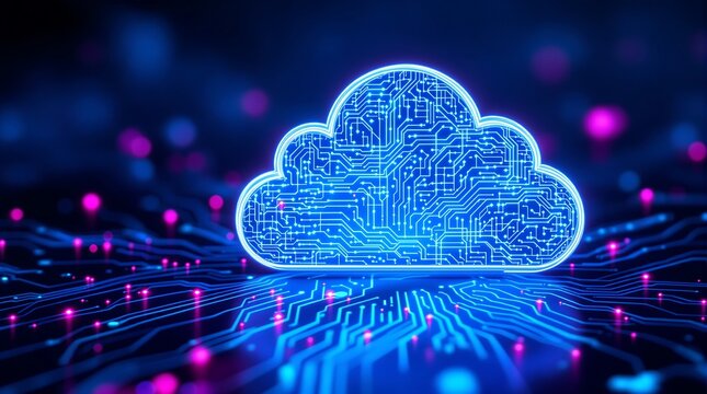 Digital cloud with circuit board design floating above the digital surface - Powered by Adobe