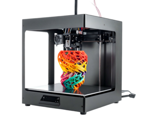 3D printer crafting a colorful, intricate sphere of intertwined plastic strands within a boxy enclosure