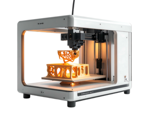 3D printer creating intricate geometric shapes with glowing filament inside a white enclosure with copper accents