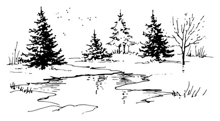 Hand drawn winter forest landscape with frozen lake and pine trees vector sketch of nature scenery © Kaz