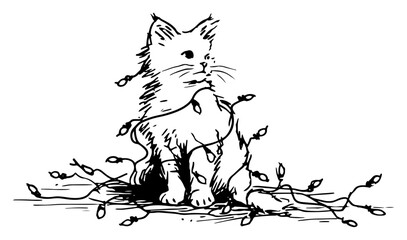 Hand drawn cute kitten tangled in Christmas string lights Vector sketch illustration of funny pet playing with holiday garland decorations