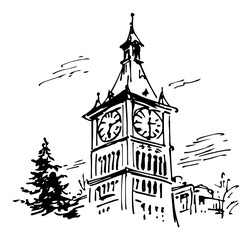 Hand drawn city clock tower building with Christmas tree Vector sketch illustration of urban architecture and New Year countdown time