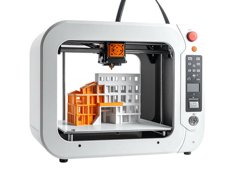 3D printer creating a complex, architectural model in white and orange plastic inside a white enclosure