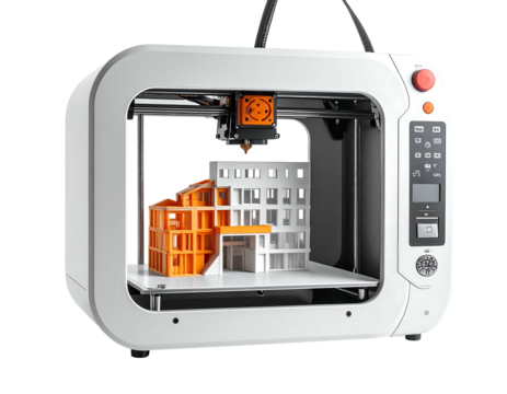 3D printer creating a complex, architectural model in white and orange plastic inside a white enclosure