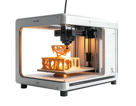 3D printer creating intricate geometric shapes with glowing filament inside a white enclosure with copper accents
