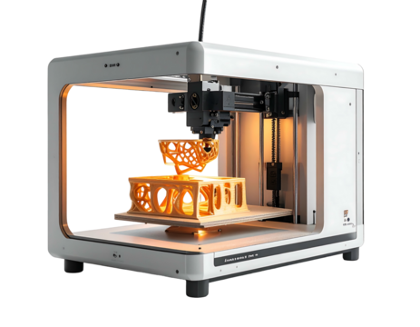 3D printer creating intricate geometric shapes with glowing filament inside a white enclosure with copper accents - Powered by Adobe