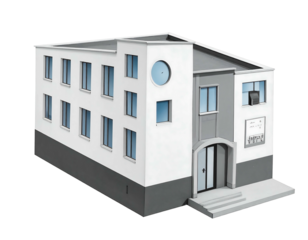 3D rendering of a small, white & gray, two-story building with a rounded window and an arched doorway
