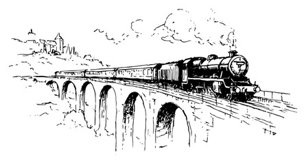 Vintage steam train locomotive crossing stone arch viaduct bridge hand drawn vector sketch illustration of railway travel landscape © Kaz