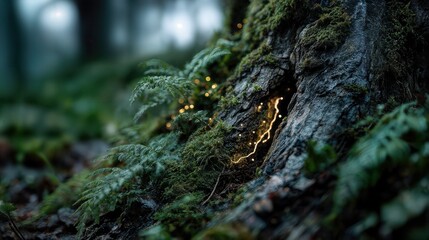 Obraz premium Magical scene of an ancient tree with glowing details, deep in a forest