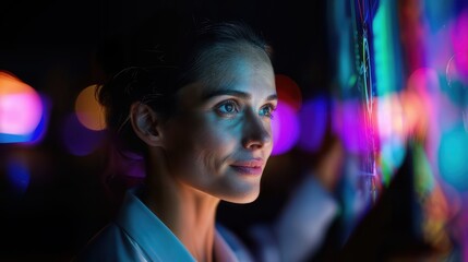 A woman looking at the neon light sign. She wears a professional attire, her expression reflecting curiosity and engagement.