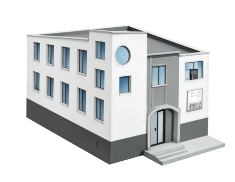3D rendering of a small, white & gray, two-story building with a rounded window and an arched doorway